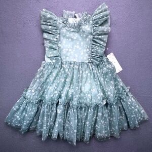 NWT Maddie & Michelle Girls Tulle Floral Ruffle Tiered Dress Sage Green Size 6